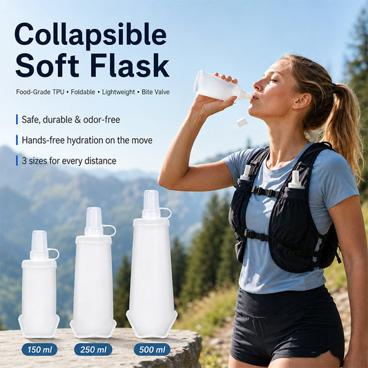 Collapsible Soft Flask – Food-Grade TPU, Foldable, Lightweight with Bite Valve – 150ml / 250ml / 500ml for Running, Hiking & Training