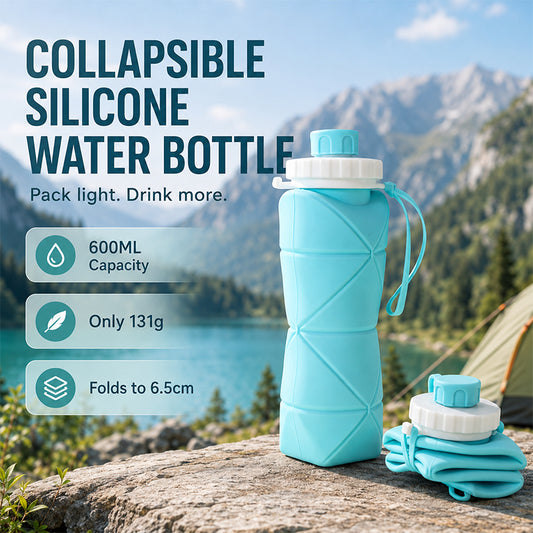 Collapsible Silicone Water Bottle – 600ml, 131g, Folds to 6.5cm for Travel & Outdoor